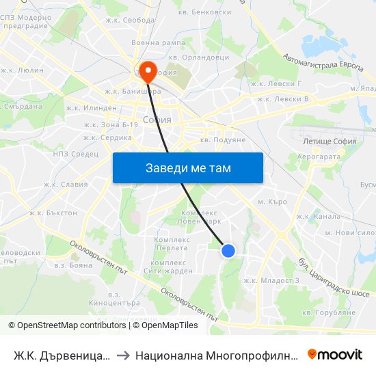 Ж.К. Дървеница / Darvenitsa Qr. (0800) to Национална Многопрофилна Транспортна Болница Цар Борис III map