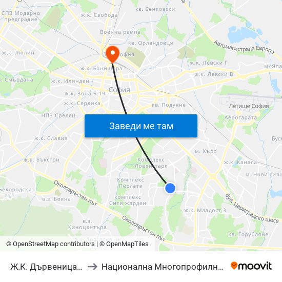 Ж.К. Дървеница / Darvenitsa Qr. (0801) to Национална Многопрофилна Транспортна Болница Цар Борис III map