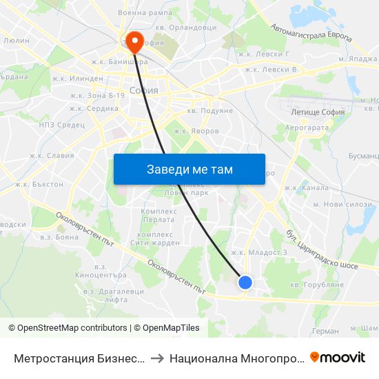 Метростанция Бизнес Парк / Business Park Metro Station (2490) to Национална Многопрофилна Транспортна Болница Цар Борис III map