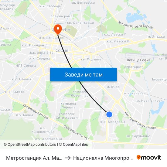 Метростанция Ал. Малинов / Al. Malinov Metro Station (0169) to Национална Многопрофилна Транспортна Болница Цар Борис III map