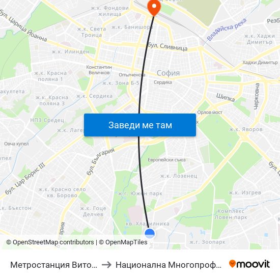 Метростанция Витоша / Vitosha Metro Station (2755) to Национална Многопрофилна Транспортна Болница Цар Борис III map