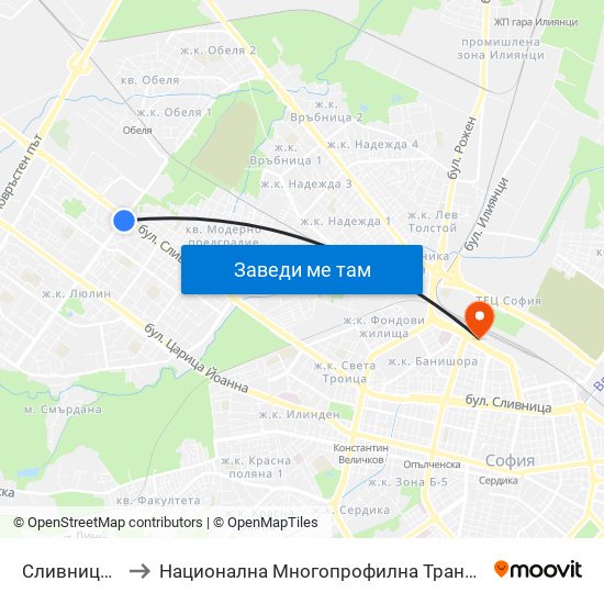 Сливница / Slivnitsa to Национална Многопрофилна Транспортна Болница Цар Борис III map