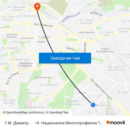 Г.М. Димитров / G.M.Dimitrov to Национална Многопрофилна Транспортна Болница Цар Борис III map