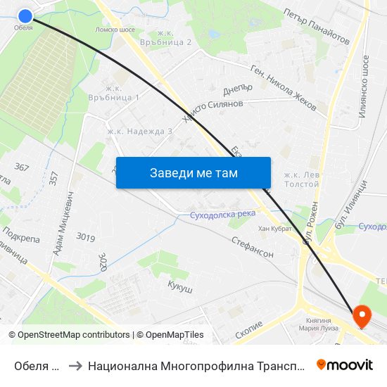Обеля / Obelya to Национална Многопрофилна Транспортна Болница Цар Борис III map