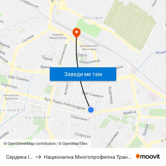 Сердика I / Serdika I to Национална Многопрофилна Транспортна Болница Цар Борис III map