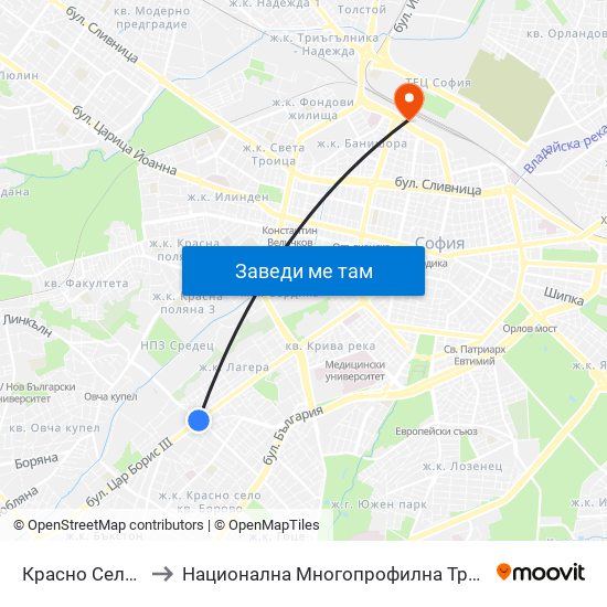 Красно Село / Krasno Selo to Национална Многопрофилна Транспортна Болница Цар Борис III map