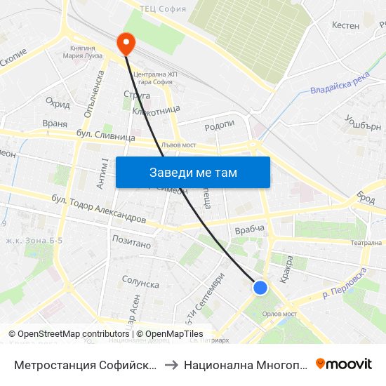 Метростанция Софийски Университет / Sofia University Metro Station (2827) to Национална Многопрофилна Транспортна Болница Цар Борис III map