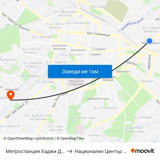 Метростанция Хаджи Димитър / Hadzhi Dimitar Metro Station (0303) to Национален Център По Физикално Лечение И Рехабилитация map