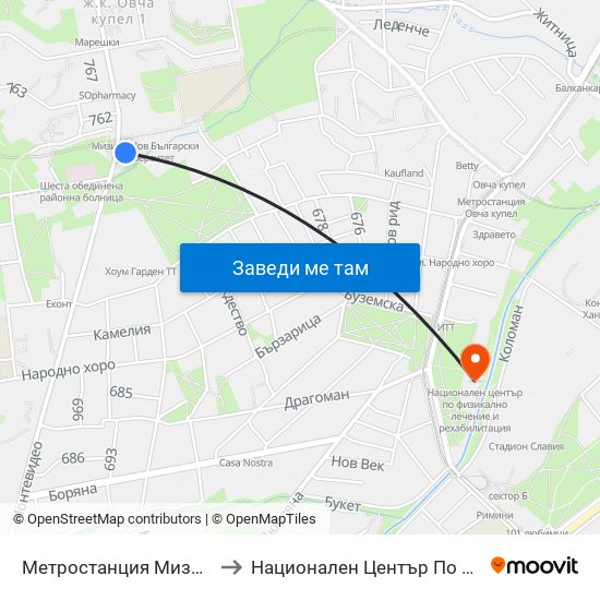 Метростанция Мизия / Moesia Metro Station (6089) to Национален Център По Физикално Лечение И Рехабилитация map