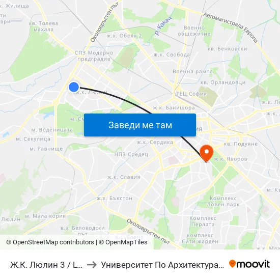 Ж.К. Люлин 3 / Lyulin 3 Qr. (0652) to Университет По Архитектура, Строителство И Геодезия map