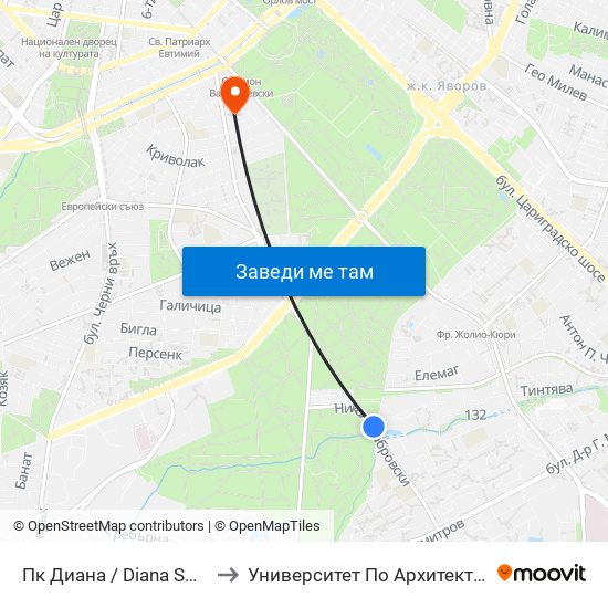 Пк Диана / Diana Swimming Complex (1343) to Университет По Архитектура, Строителство И Геодезия map