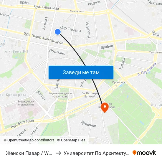 Женски Пазар / Women’S Market (0378) to Университет По Архитектура, Строителство И Геодезия map