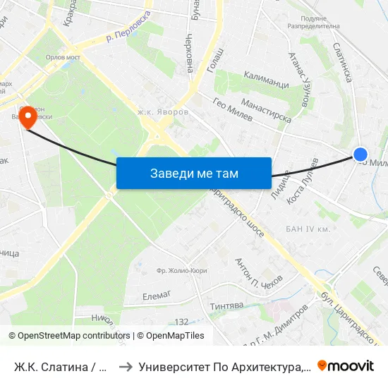 Ж.К. Слатина / Slatina Qr. (0688) to Университет По Архитектура, Строителство И Геодезия map