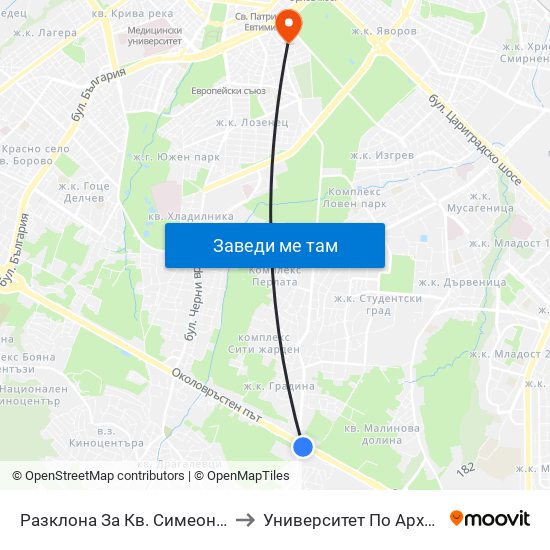 Разклона За Кв. Симеоново / Fork Road To Simeonovo Qr. (1459) to Университет По Архитектура, Строителство И Геодезия map