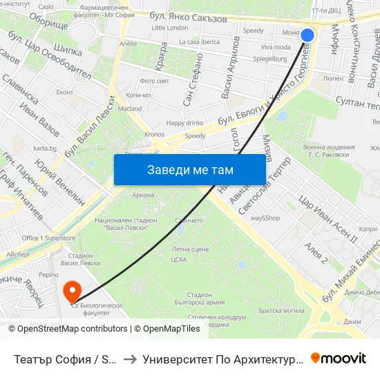Ⓜ️ Театър София / Sofia Theatre (1724) to Университет По Архитектура, Строителство И Геодезия map