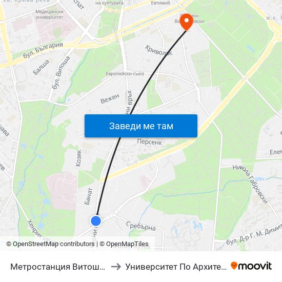 Метростанция Витоша / Vitosha Metro Station (2654) to Университет По Архитектура, Строителство И Геодезия map