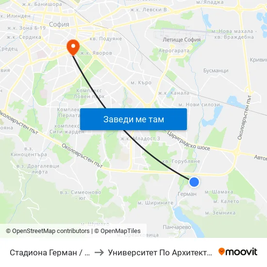 Стадиона Герман / German Stadium (1037) to Университет По Архитектура, Строителство И Геодезия map