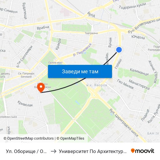 Ул. Оборище / Oborishte St. (2071) to Университет По Архитектура, Строителство И Геодезия map