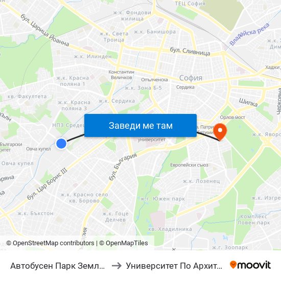 Автобусен Парк Земляне / Zemlyane Bus Depot (0080) to Университет По Архитектура, Строителство И Геодезия map