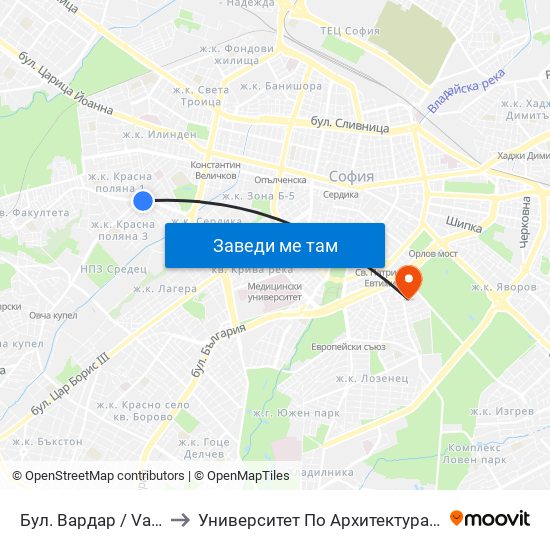 Бул. Вардар / Vardar Blvd. (0292) to Университет По Архитектура, Строителство И Геодезия map