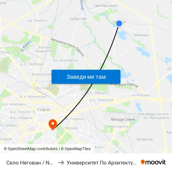 Село Негован / Negovan Village (1555) to Университет По Архитектура, Строителство И Геодезия map