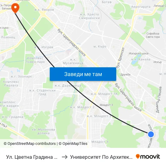 Ул. Цветна Градина / Tsvetna Gradina St. (2257) to Университет По Архитектура, Строителство И Геодезия map