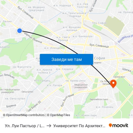 Ул. Луи Пастьор / Louis Pasteur St. (0336) to Университет По Архитектура, Строителство И Геодезия map