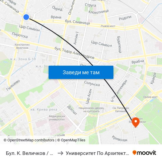 Бул. К. Величков / K. Velichkov Blvd. (0325) to Университет По Архитектура, Строителство И Геодезия map