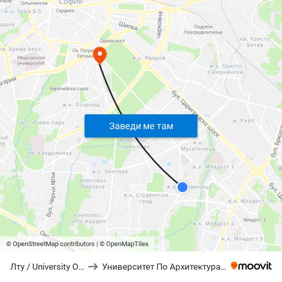 Лту / University Of Forestry (0617) to Университет По Архитектура, Строителство И Геодезия map