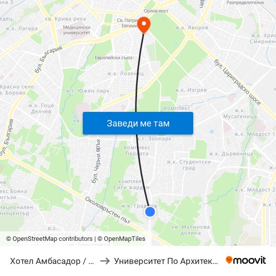 Хотел Амбасадор / Ambassador Hotel (0658) to Университет По Архитектура, Строителство И Геодезия map