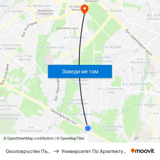 Околовръстен Път / Ring Road (1175) to Университет По Архитектура, Строителство И Геодезия map