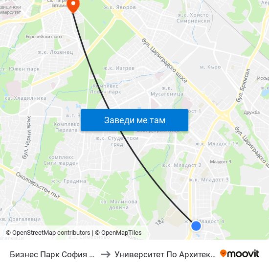 Бизнес Парк София / Sofia Business Park (2390) to Университет По Архитектура, Строителство И Геодезия map