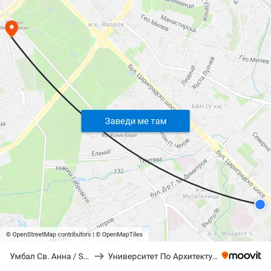 Умбал Св. Анна / St. Anna Hospital (1195) to Университет По Архитектура, Строителство И Геодезия map