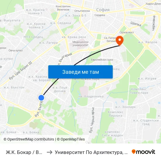 Ж.К. Бокар / Bokar Qr. (2688) to Университет По Архитектура, Строителство И Геодезия map