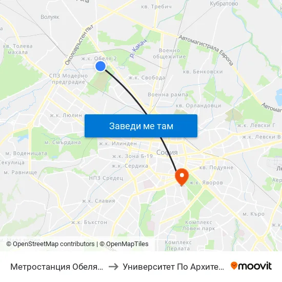 Ⓜ️ Метростанция Обеля / Obelya Metro Station (0060) to Университет По Архитектура, Строителство И Геодезия map