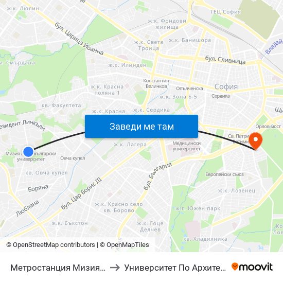 Метростанция Мизия / Moesia Metro Station (0361) to Университет По Архитектура, Строителство И Геодезия map