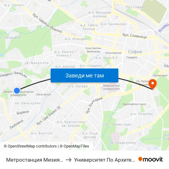 Ⓜ️ Метростанция Мизия / Moesia Metro Station (0361) to Университет По Архитектура, Строителство И Геодезия map