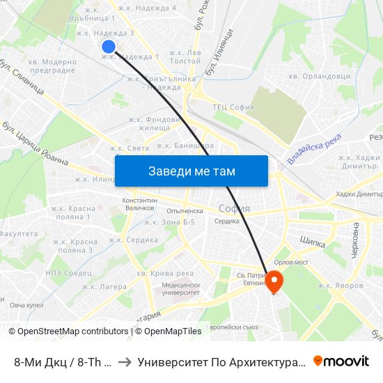 8-Ми Дкц / 8-Th Polyclinic (0043) to Университет По Архитектура, Строителство И Геодезия map