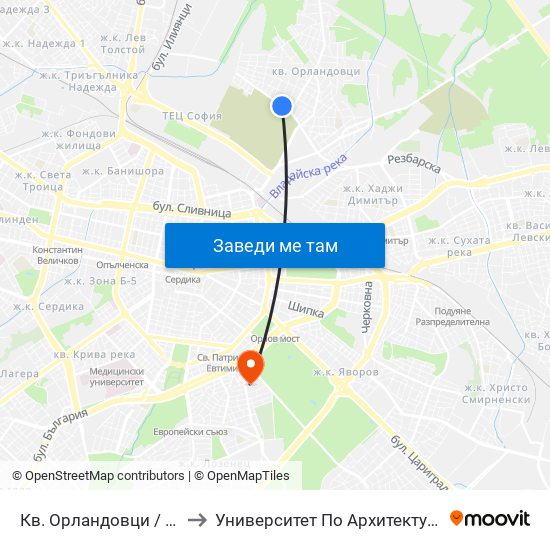 Кв. Орландовци / Orlandovtsi Qr. (0883) to Университет По Архитектура, Строителство И Геодезия map