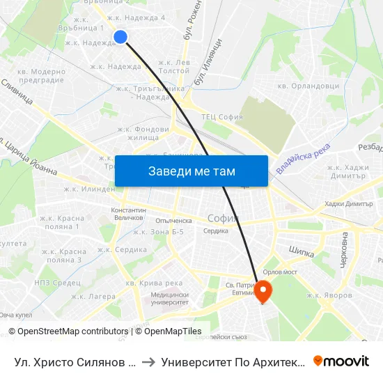 Ул. Христо Силянов / Hristo Silyanov St. (2429) to Университет По Архитектура, Строителство И Геодезия map