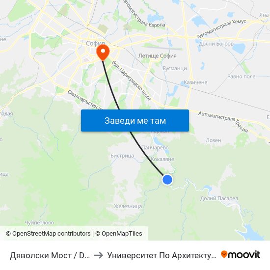 Дяволски Мост / Dyavolski Bridge (0556) to Университет По Архитектура, Строителство И Геодезия map