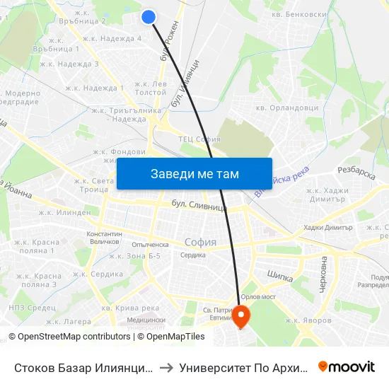 Стоков Базар Илиянци / Iliyantsi Commodity Market (0491) to Университет По Архитектура, Строителство И Геодезия map