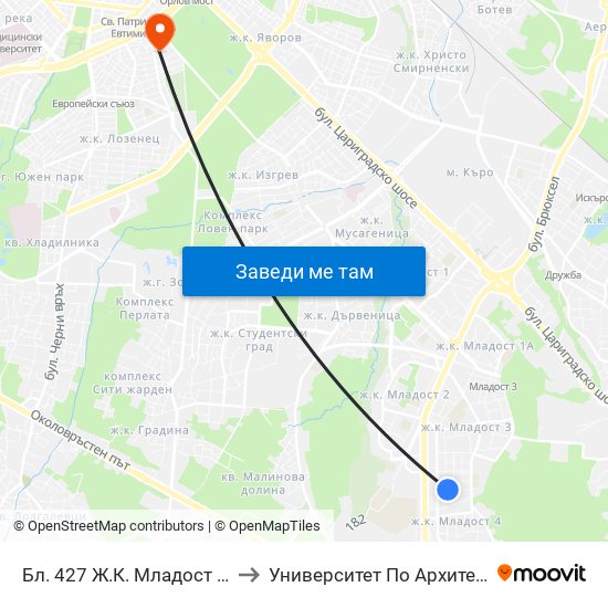 Бл. 427 Ж.К. Младост 4 / Bl. 427, Mladost 4 Qr. (0213) to Университет По Архитектура, Строителство И Геодезия map