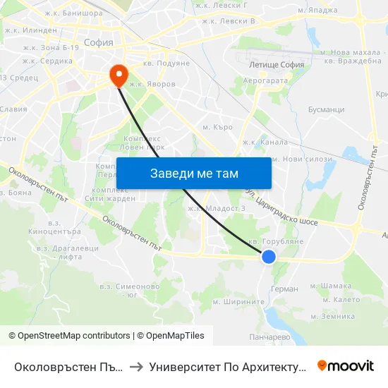 Околовръстен Път / Ring Road (1174) to Университет По Архитектура, Строителство И Геодезия map