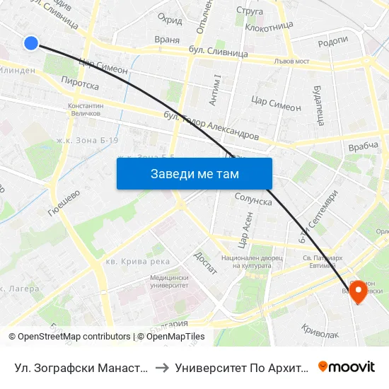 Ул. Зографски Манастир / Zografski Manastir St. (1948) to Университет По Архитектура, Строителство И Геодезия map