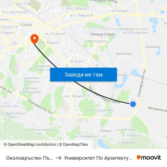 Околовръстен Път / Ring Road (1183) to Университет По Архитектура, Строителство И Геодезия map