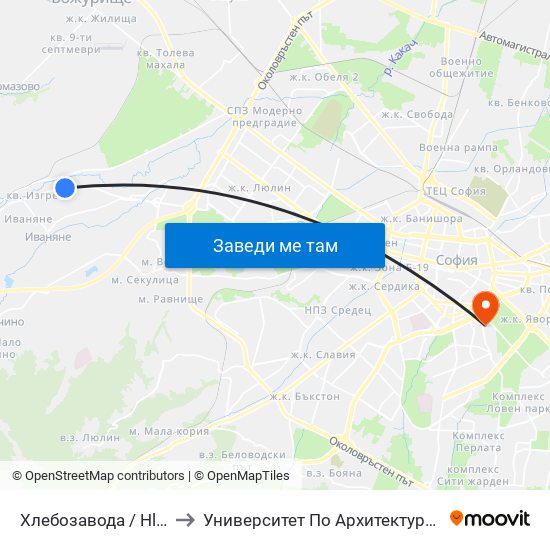 Хлебозавода / Hlebozavoda (2316) to Университет По Архитектура, Строителство И Геодезия map