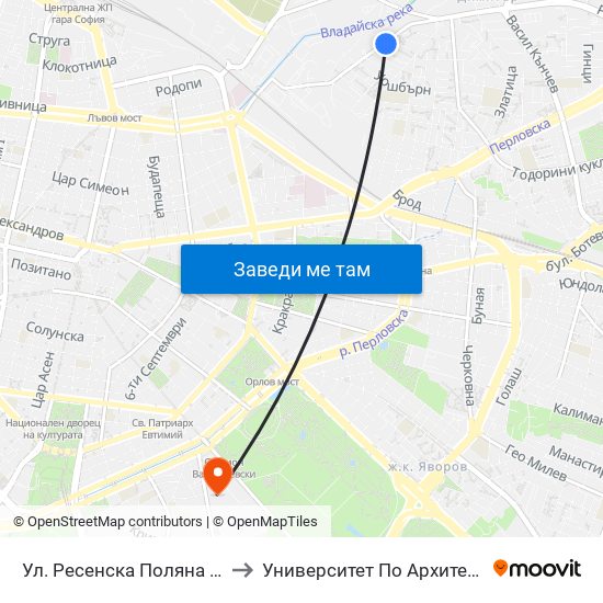 Ул. Ресенска Поляна / Resenska Polyana St. (2156) to Университет По Архитектура, Строителство И Геодезия map