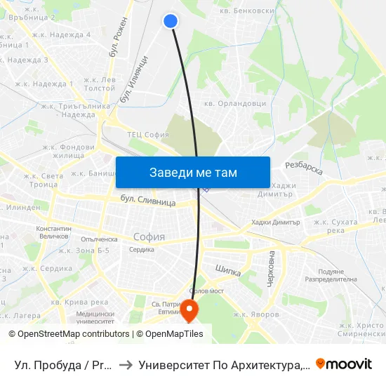 Ул. Пробуда / Probuda St. (2139) to Университет По Архитектура, Строителство И Геодезия map