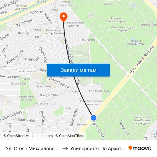 Ул. Стоян Михайловски / Stoyan Mihaylovski St. (2692) to Университет По Архитектура, Строителство И Геодезия map